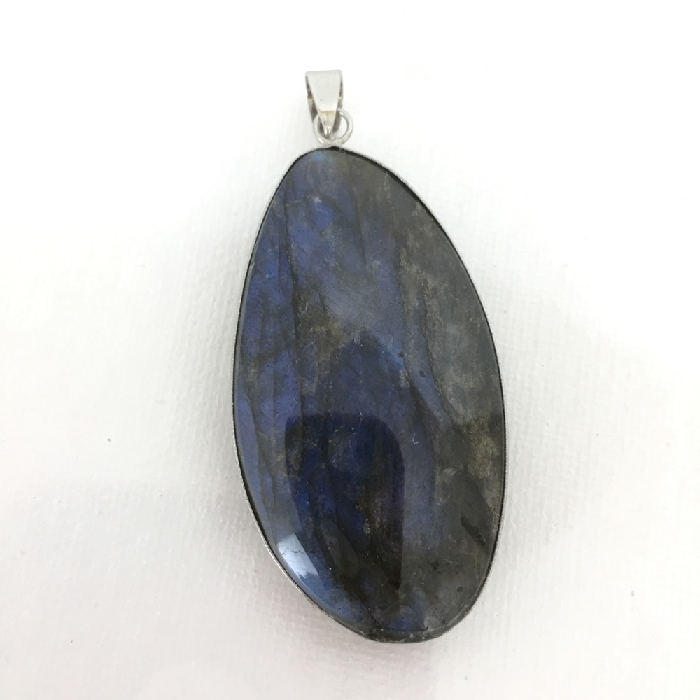Labradorite Blue Green Flash Large Pendant Oval Natural Stone Silver Metal Wrap - Picture 7 of 14